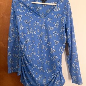 Halogen Blue Floral V-Neck Long Sleeve Top with Side Gathering